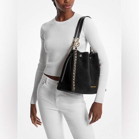 Michael Kors Mina Large Suede Chain Belted Logo Shoulder Bag Black NWT - Picture 2 of 4